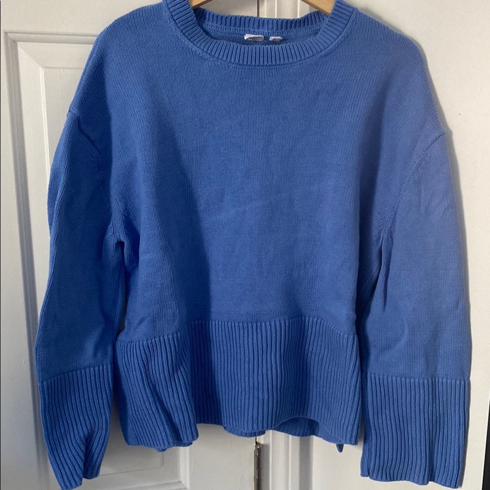 Blue Women's Sweater- 24/7 split neck hem crewneck sweater